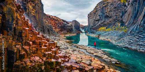 Tourist went to the bottom of canyon and admired the beauty of basalt columns Fototapeta