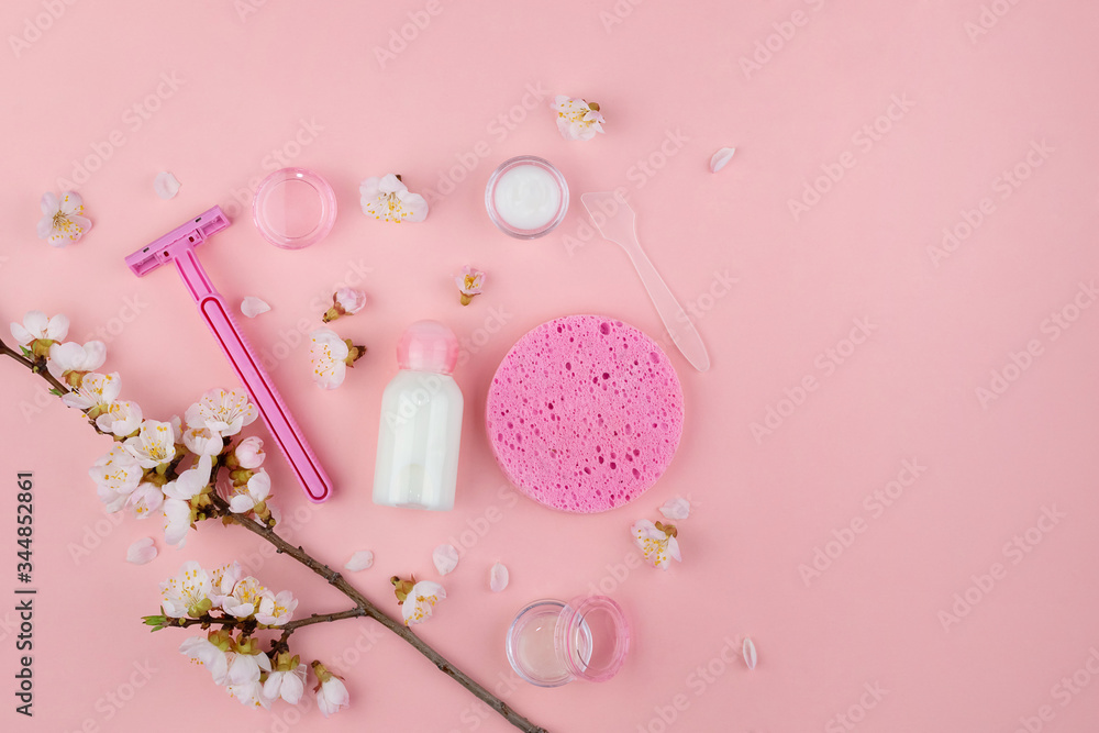 Set of natural cosmetics and Spa products on a pink background. Flat lay with space for text. Set of natural cosmetics and Spa products on a pink background. Flat lay with space for text.