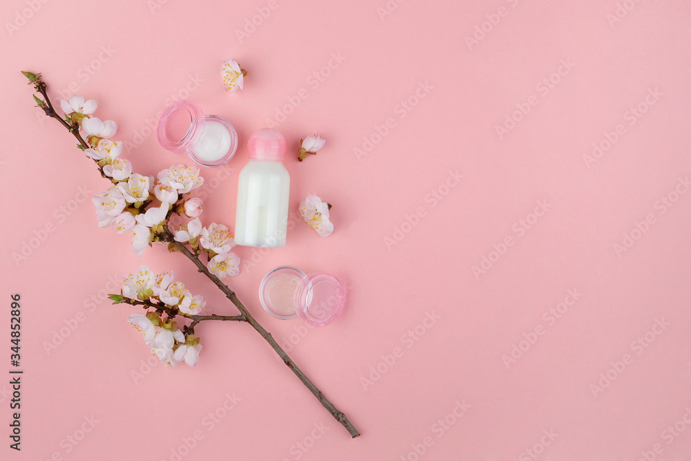 Set of natural cosmetics and Spa products on a pink background. Flat lay with space for text.
