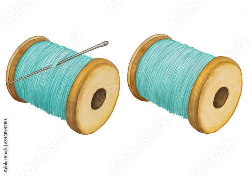 Hand drawn soft blue sewing kit, needle and thread