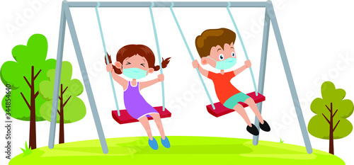 A girl and a boy are using medical mask while playiing on a swing together