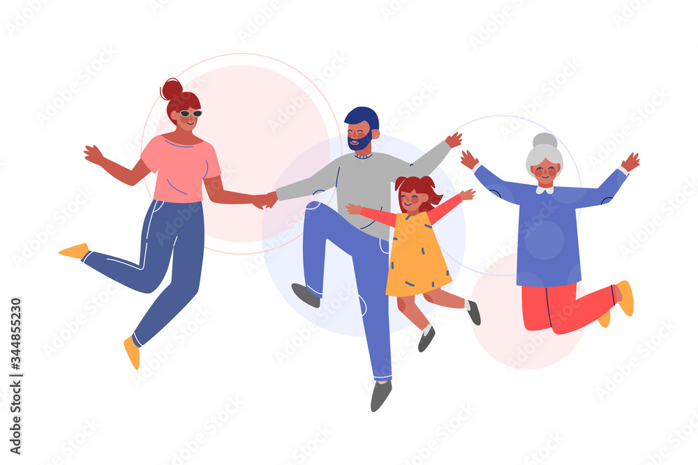 Cute Happy Family Jumping Together with Arms Up, Father, Mother, Daughter and Son Having Fun Vector Illustration Cute Happy Family Jumping Together with Arms Up, Father, Mother, Daughter and Son Having Fun Vector Illustration
