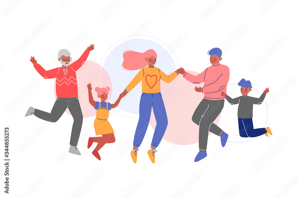 Cute Happy Family Jumping Together, Father, Mother, Daughter and Son Having Fun Vector Illustration