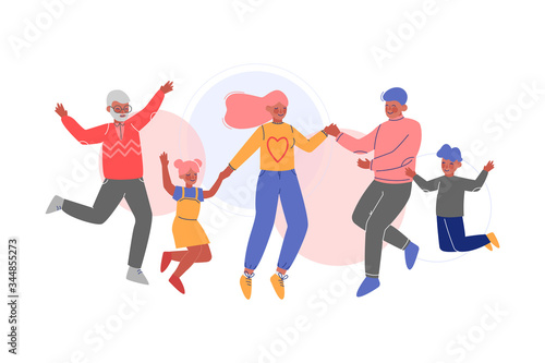Cute Happy Family Jumping Together  Father  Mother  Daughter and Son Having Fun Vector Illustration