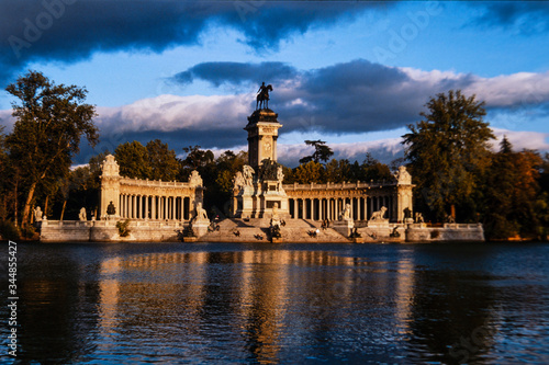The Buen Retiro Park, Retiro Park.Madrid. With the monument to King Alfonso XII, featuring a semicircular colonnade and an equestrian statue of the monarch