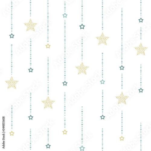 Seamless ornament with blue and yellow dots and stars on white background.