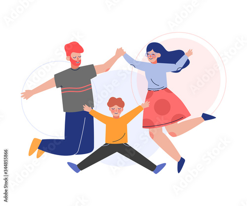 Happy Family Jumping Together, Father, Mother and Their Son Having Fun Vector Illustration