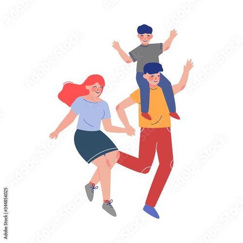 Cute Happy Family Jumping Together, Dad, Mom and Their Son Having Fun Vector Illustration