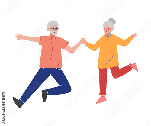 Elderly Couple Happily Jumping Holding Hands, Grandfather and Grandmother Having Fun Together Vector Illustration