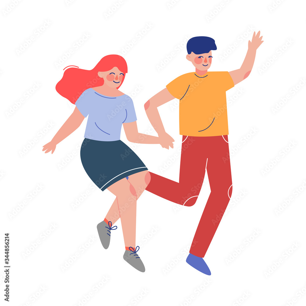 Cute Teenage Boy and Girl Happily Jumping Holding Hands Vector Illustration Cute Teenage Boy and Girl Happily Jumping Holding Hands Vector Illustration