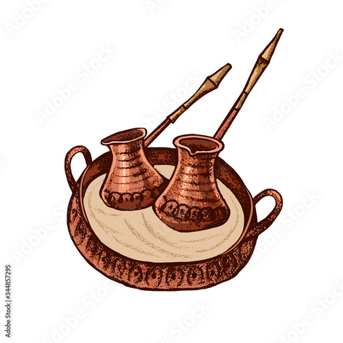.Preparation of Turkish coffee in the brazen cezve in the sand. Vector illustration. Isolated objects on a white background.