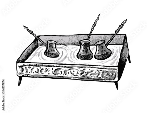 . Three cezves in the hot sand. Preparation of traditional Turkish coffee.. Vector illustration. Isolated objects on a white background.