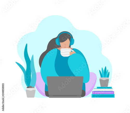 Vector isolated illustration in flat style. Adult girl is sitting with laptop, headphones and cup of coffee at home. Online education or distant work in quarantine time. Freelance lifestyle