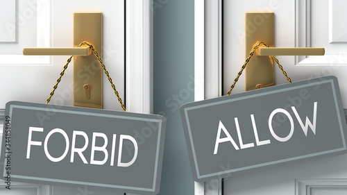 allow or forbid as a choice in life - pictured as words forbid, allow on doors to show that forbid and allow are different options to choose from, 3d illustration