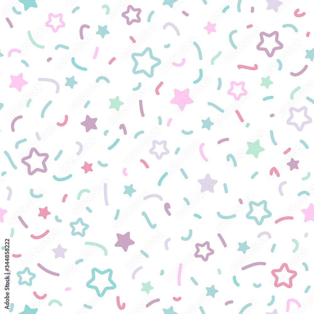 Seamless pattern with little rounded stars, dots and strokes on white background.