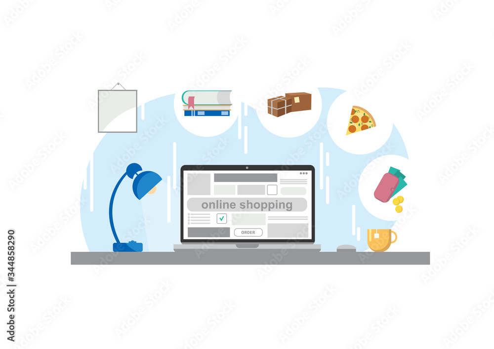Vector conceptual illustration of online shopping. A laptop with an inscription on the screen and various icons of goods and services nearby Vector conceptual illustration of online shopping. A laptop with an inscription on the screen and various icons of goods and services nearby