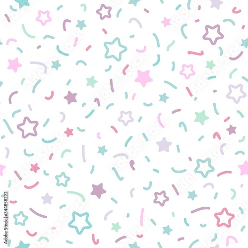 Seamless pattern with little rounded stars, dots and strokes on white background.