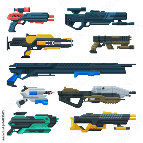 Futuristic Space Guns Blasters Collection, Fantastic Handguns, Alien Weapon Vector Illustration