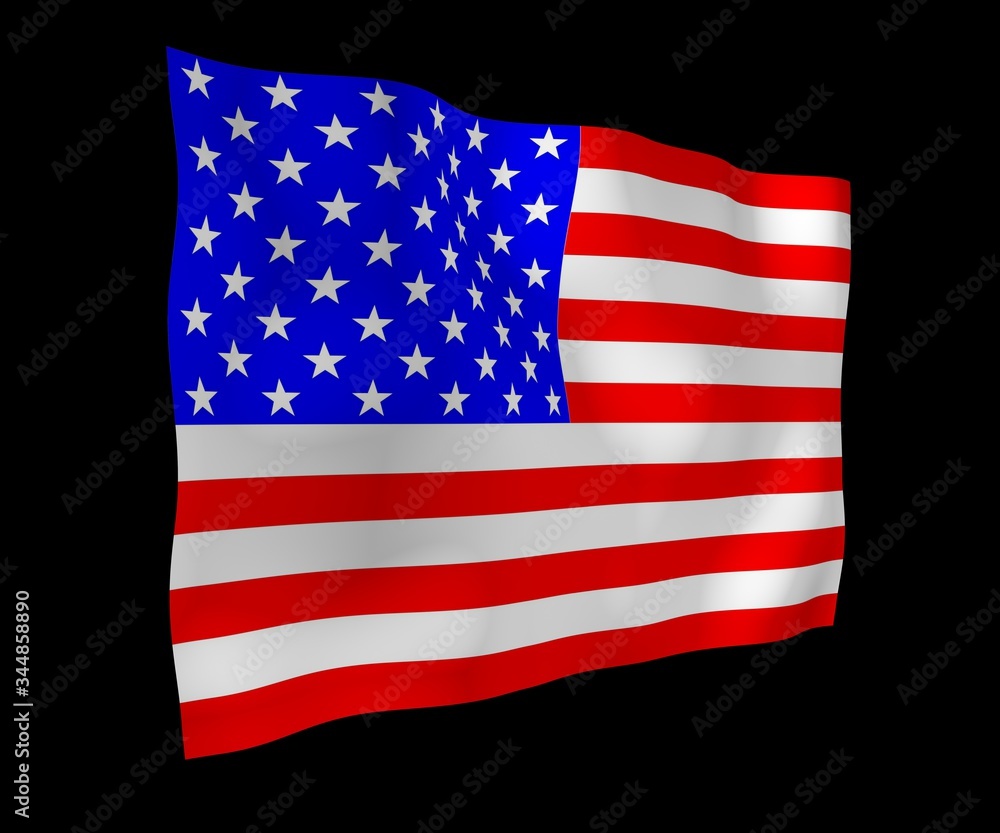 Waving flag of the United States of America on a dark background. Stars and Stripes. State symbol of the USA. 3D illustration Waving flag of the United States of America on a dark background. Stars and Stripes. State symbol of the USA. 3D illustration