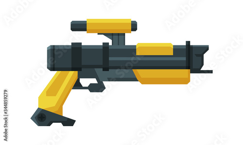 Futuristic Space Gun Blaster  Yellow and Black Laser Handgun  Raygun of Alien  Childish Pistol Vector Illustration