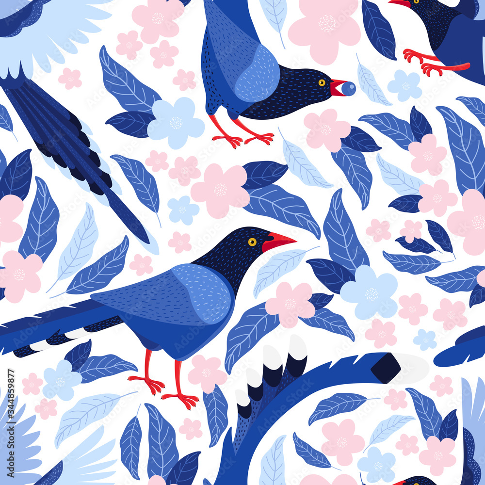 Obraz premium Taiwan blue bird among the leaves and pink flowers seamless pattern. Azure magpie is the symbol of Taiwan. Background from exotic birds of Asia. Urocissa caerulea. Flat vector illustration