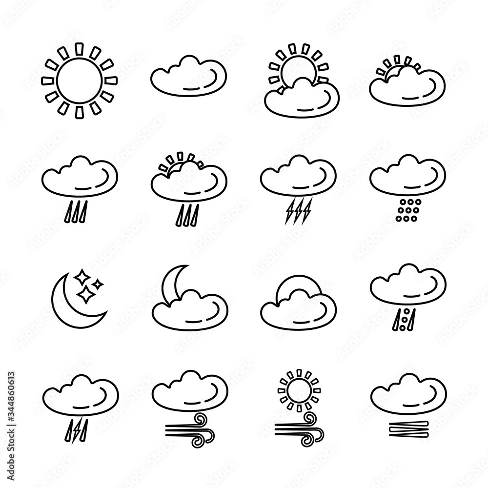 Weather forecast line icons set isolated on white background. Weather symbols in modern outline style. Symbols for web site design and mobile apps. Vector illustration Weather forecast line icons set isolated on white background. Weather symbols in modern outline style. Symbols for web site design and mobile apps. Vector illustration