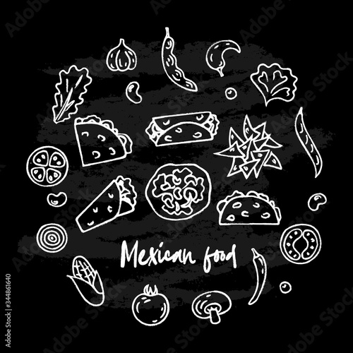 Hand drawn Mexican traditional food set with ingredients, burrito, tacos, quesadillas, nachos isolated on black chalk board background. Vector illustration for menu, poster, web.