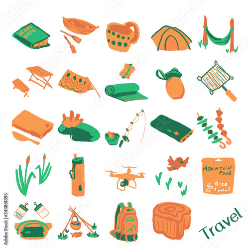 Tourist camp sticker set on white isolated backdrop. Hiking stuff for travel shop or agency logo, notebook sticker, bath tile. Phone case or cloth print. Kids drawn style stock vector illustration