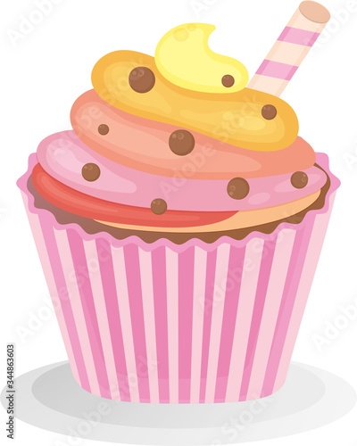Sweet cupcake.  Isolated on white background.  Muffin icon. Yummy dessert decorated. For design menu, cafe decoration,  greeting cards. Vector illustration