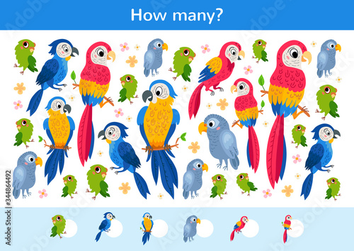 Counting children game of a tropical parrots.