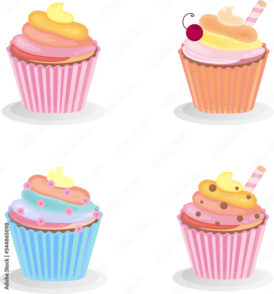 Sweet cupcake set. Isolated on white background. Muffin icon. Yummy dessert decorated with cherry, candy, creme, chocolate. For design menu, cafe decoration, greeting cards. Vector illustration Sweet cupcake set. Isolated on white background. Muffin icon. Yummy dessert decorated with cherry, candy, creme, chocolate. For design menu, cafe decoration, greeting cards. Vector illustration