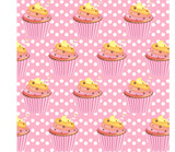 Seamless pattern with cupcake on pink background with white circles. It can be used for packaging, wrapping paper, textiles, etc. Vector illustration