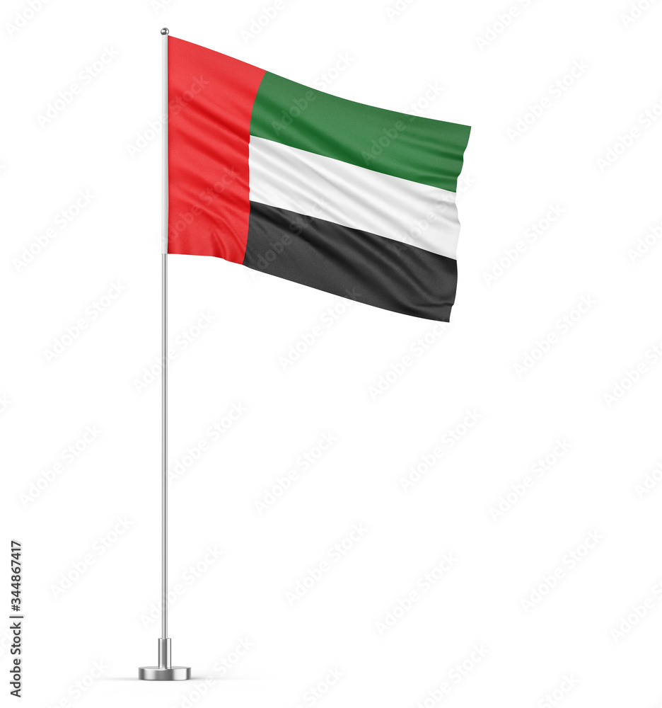 United Arab Emirates flag on a flagpole white background 3D illustration United Arab Emirates flag on a flagpole white background 3D illustration