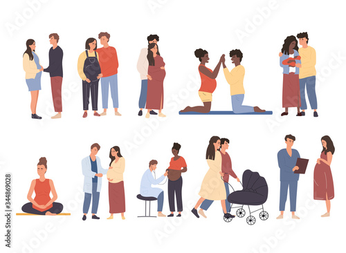 Large set of pregnant women and couples in various poses doing yoga, embracing, at the doctor and walking with a pram, colored vector illustrations