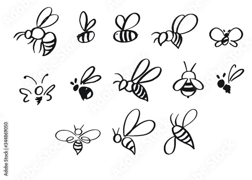 Fototapete Selection of hand-drawn bees in different styles