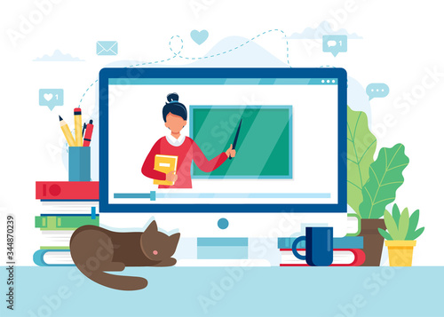 Online learning concept. Screen with female teacher and chalkboard, video lesson. Vector illustration in flat style