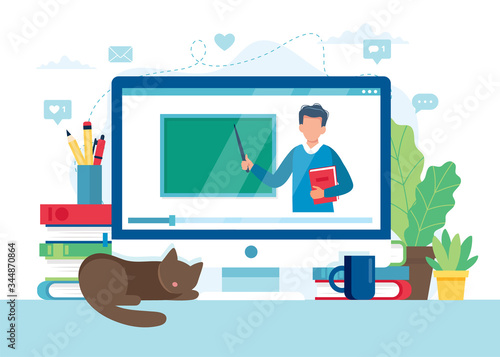Online learning concept. Screen with teacher and chalkboard, video lesson. Vector illustration in flat style