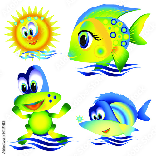  Vector illustration of cartoon characters. Element for your design. Isolated objects. Fish, the frog and the sun.