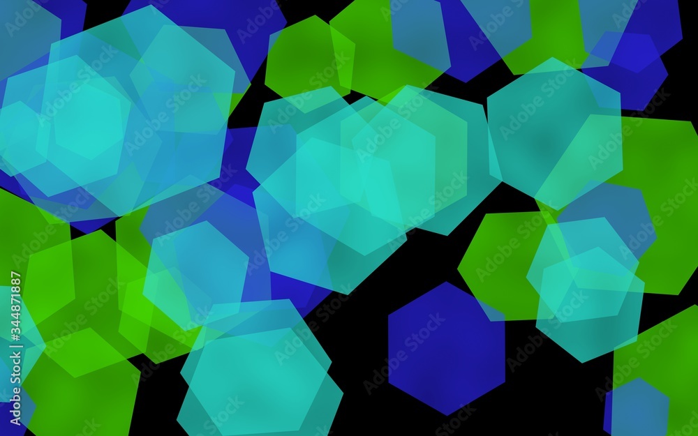 Multicolored translucent hexagons on dark background. Green tones. 3D illustration Multicolored translucent hexagons on dark background. Green tones. 3D illustration
