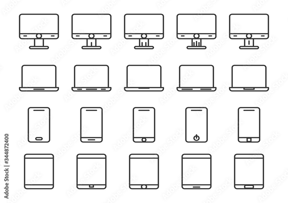 Vector icons set of simple outline icon business and technology.Consists of the following icons such as computer,notebook,laptop,telephone and tablet on white backdround. Vector icons set of simple outline icon business and technology.Consists of the following icons such as computer,notebook,laptop,telephone and tablet on white backdround.