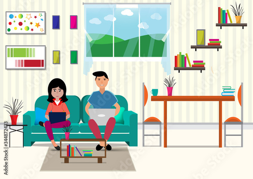 Flat design vector of man and woman doing work at the laptop computer in home.They are sitting on sofa behind computer with picture.work from home,Freelance,Vector Graphic and workplace concept.
