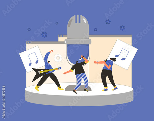 Music band performs on a stage. Vector design.