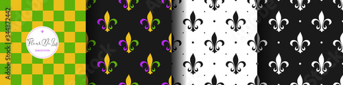 Set flower heraldic lily texture. Cell green, yellow seamless pattern. Fleur de lis royal symbol textile print. Vintage black and white wallpaper decor ornament. Vector illustration