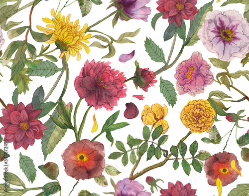 Flowers vintage seamless  patterns.  background painted flowers peonies  chrysanthemums  dahlias