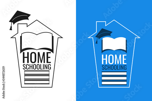Home schooling, home education, homeschooling online concept logo, icon, sign, symbol on white and blue background. Quarantine in school, collage, university. Vector illustration