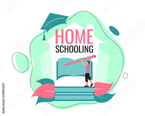 Student at home studying subject in book and outlines in notebook. Home schooling, home education, homeschooling online concept scene. Quarantine in school, collage, university. Vector illustration