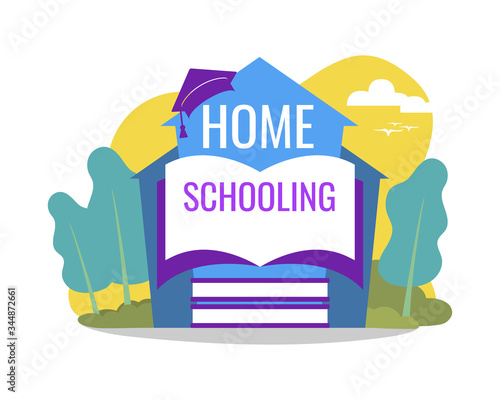 Home schooling, home education, homeschooling online concept scene. Quarantine in school, collage, university. Book in house and text home schooling. Vector illustration