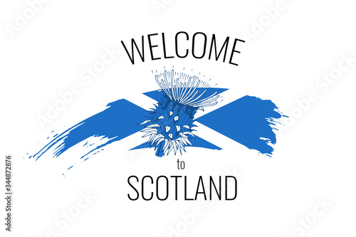 Abstract travel concept for logo, icon, poster, banner, design flag or t-shirt print. Welcome to Scotland font with national Scottish flag stroke and thistle on white background. Vector illustration