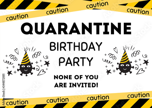 Quarantine Birthday party invitation Yellow black Birthday card with symbol coronavirus. Home online party banner