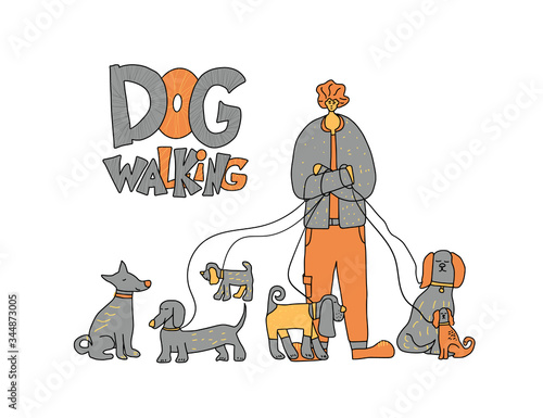 Dog walking. Human person with dog. Vector design.